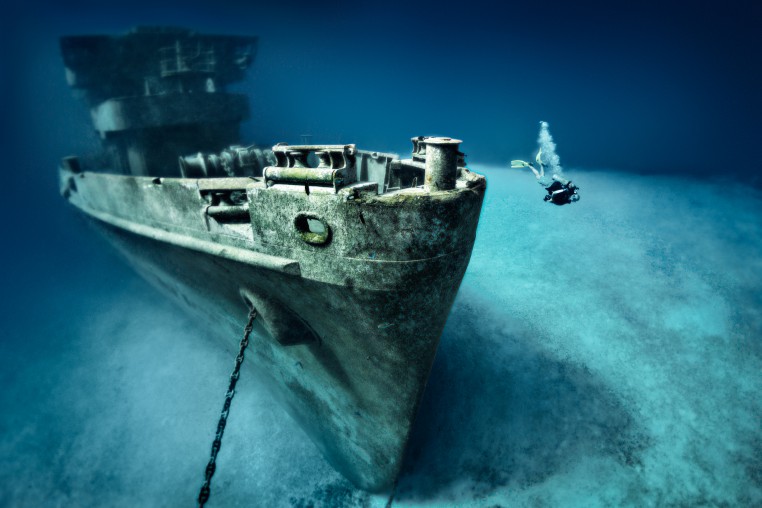 Shipwreck of USS Kittiwake located at the northern end of Seven Mile Beach of Grand Cayman