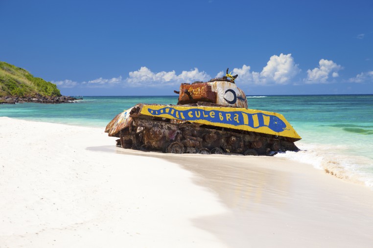 A rusting American tank on Flamenco Beach in Culebra