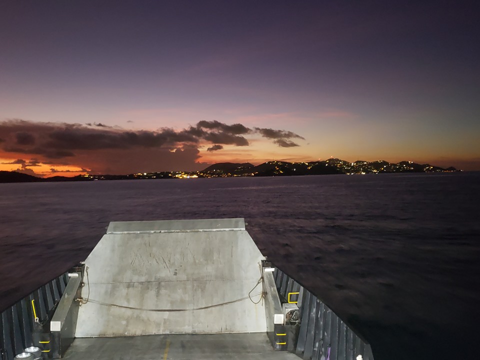 Sunset over St. Thomas as seen from a car ferry traveling from Cruz Bay