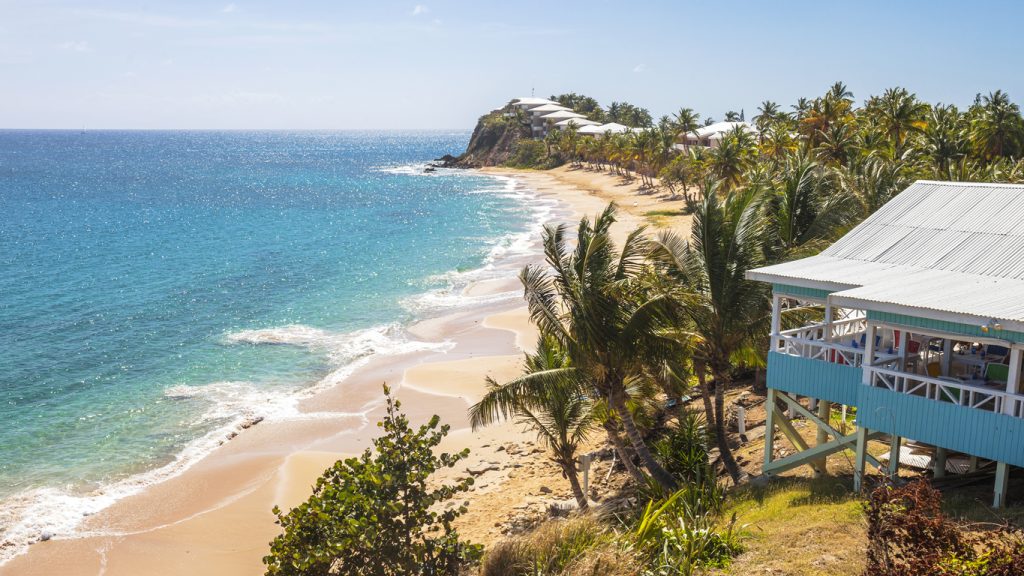 Beach view of Carlisle Bay and 5-star hotel in Antigua