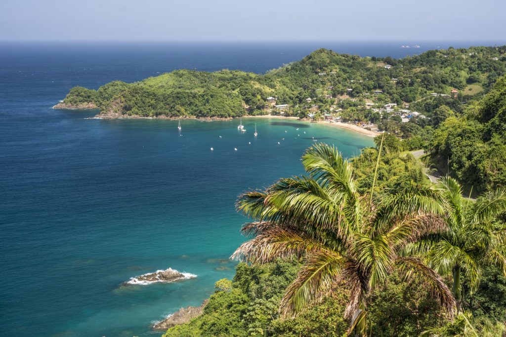 View of Castara Bay and beach from above. The Caribbean Sea makes Tobago a world class travel destination